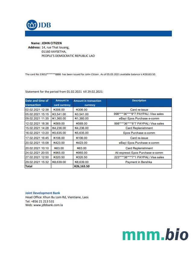 Szablon wyciągu bankowego Laos Indochina w programie Word i PDF